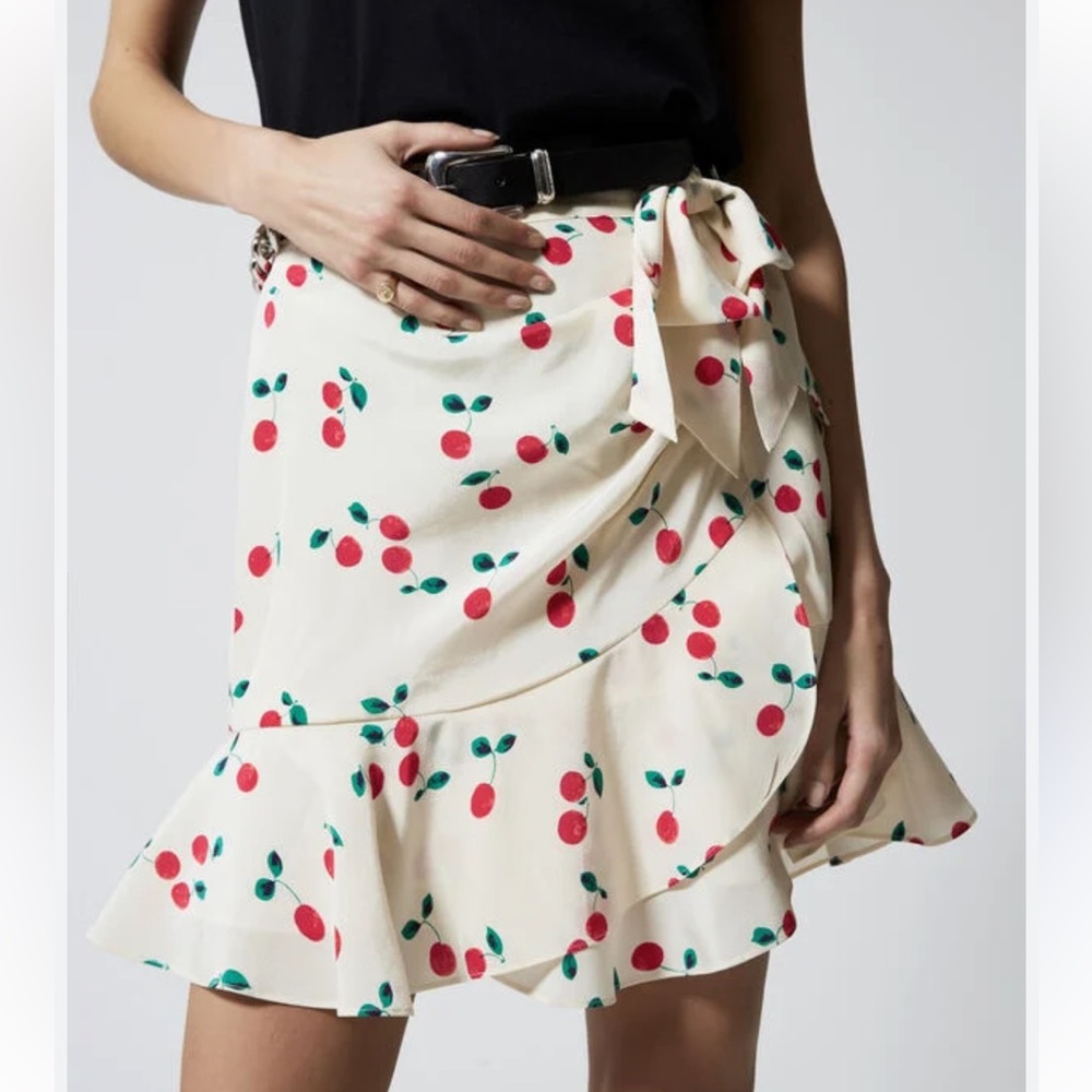 The Kooples Paris 100% Silk Frilly Cherry Print Skirt